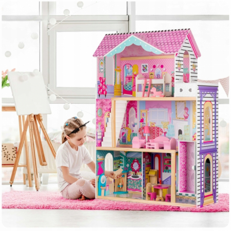 Casuta de papusi din lemn cu 3 etaje, lift si lampa LED Ricokids RC-829 [4]