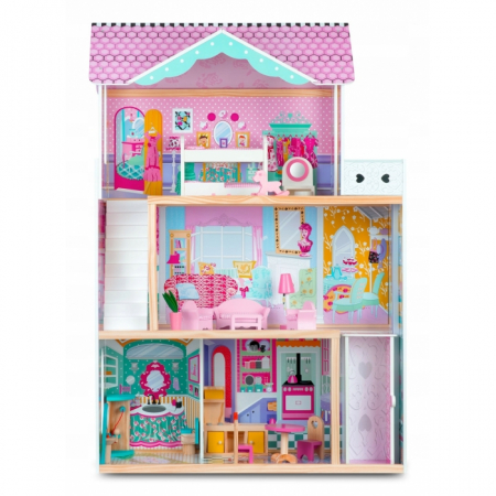 Papusi si cele necesare - Casuta de papusi din lemn cu 3 etaje, lift si lampa LED Ricokids RC-829