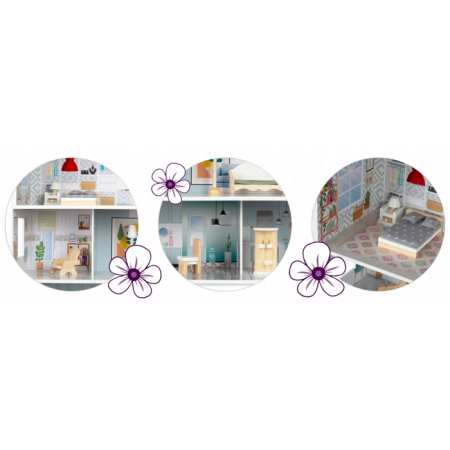 Casuta de papusi din lemn cu 3 etaje, mobilier inclus, 60 x 24 x 70 cm, Ricokids RK-878 - Albastru deschis [5]