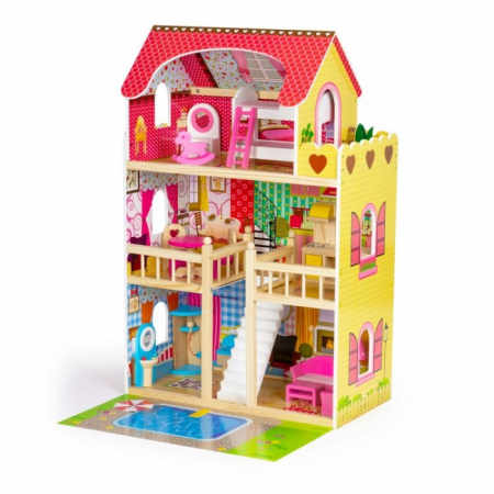 Jucarii pentru copii - Casuta de papusi inalta din lemn cu mobilier si piscina, Ecotoys W06A333E