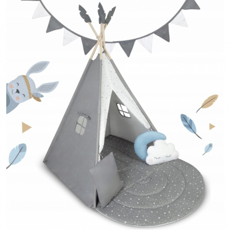 Corturi si casute copii - Cort de joaca pentru copii cu ghirlanda, salteluta si 3 pernite Nukido 116 x 116 x 165 cm - Gri
