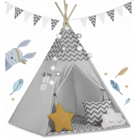Corturi si casute copii - Cort de joaca pentru copii cu ghirlanda si lumini Nukido 120 x 120 x 165 cm - Gri