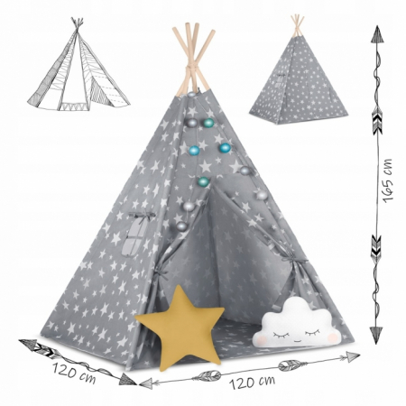 Cort de joaca pentru copii cu lumini si 2 pernite Nukido 120 x 120 x 165 cm - Gri cu stelute  [6]