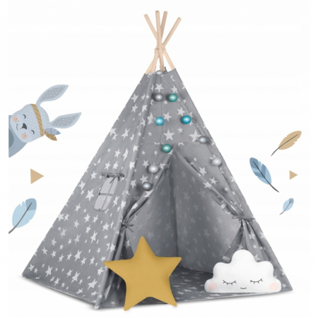 Corturi si casute copii - Cort de joaca pentru copii cu lumini si 2 pernite Nukido 120 x 120 x 165 cm - Gri cu stelute 