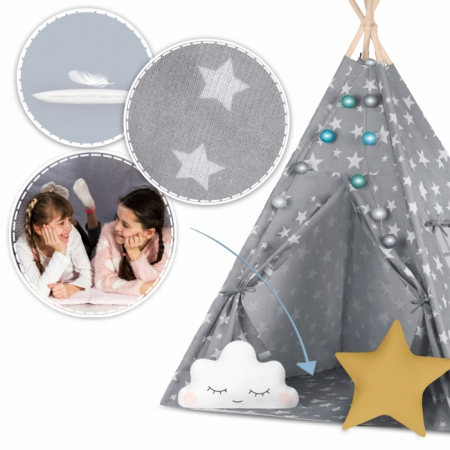 Cort de joaca pentru copii cu lumini si 2 pernite Nukido 120 x 120 x 165 cm - Gri cu stelute  [2]