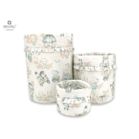 Cutie depozitare jucarii, MimiNu, Set 3 cosuri rotunde cu dimensiuni generoase pentru jucarii, cu volanase, Dimensiuni 50x35 cm, 35x30 cm, 19x23 cm,  Zoo on Bikes Nugat [2]