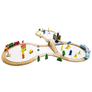 Trenulete jucarii - Jucarie cale ferata din lemn cu tren cu baterii Ecotoys HM015147, 69 elemente, multicolor
