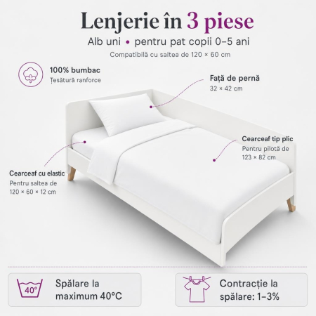 Lenjerie in 3 piese Alb Uni pentru pat copii 0-5 ani compatibila cu saltea 120x60 cm [2]