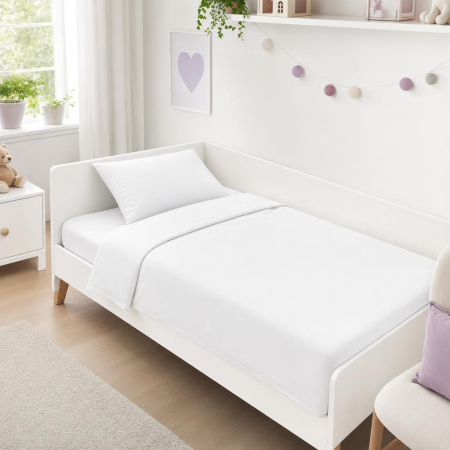 Lenjerii patuturi - Lenjerie in 3 piese Alb Uni pentru pat copii 0-5 ani compatibila cu saltea 120x60 cm