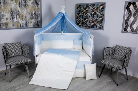 Lenjerii patut 120 x 60 cm - Lenjerie MyKids 9 piese White-Blue fara baldachin 120x60 cm