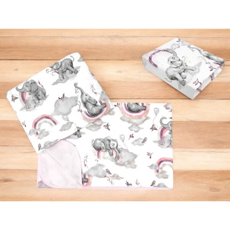 Lenjerie pat junior cu 3 piese, Qmini, cu cearceaf 160x80 cm, din bumbac, cu paturica si pernuta, Elephants on Rainbow Pink [1]
