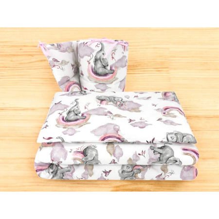 Lenjerie patut 3 piese, Qmini, pentru patut 120x60 cm, cu protectie laterala, din bumbac, Elephants on Rainbow Pink [1]