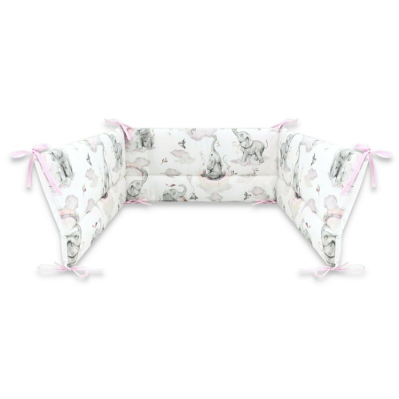 Lenjerie patut 3 piese, Qmini, pentru patut 140x70 cm, cu protectie laterala, din bumbac, Elephants on Rainbow Pink [3]