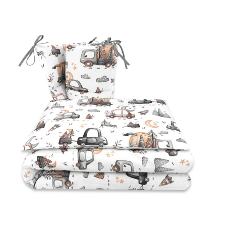 Lenjerii patuturi - Lenjerie patut cu 3 piese, MimiNu, pentru patut 120x60 cm, cu protectie laterala, din bumbac, Cars Grey