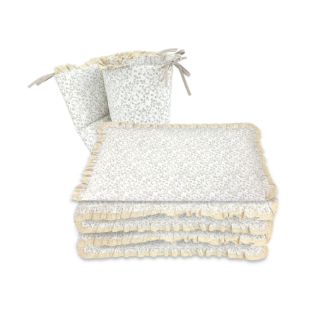 Lenjerii patut 120 x 60 cm - Lenjerie patut cu 3 piese, MimiNu, Premium, pentru patut 120x60 cm, cu protectie laterala, din bumbac, cu dantela si volan, Meadow