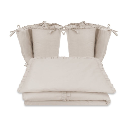Lenjerii patut 120 x 60 cm - Lenjerie patut cu 4 piese, MimiNu, pentru patut 120x60 cm, cu doua protectii laterale, cu volanase, din bumbac, Colectia Royal, Beige