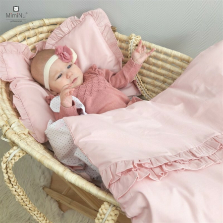 Lenjerie patut cu 4 piese, MimiNu, pentru patut 120x60 cm, cu doua protectii laterale, cu volanase, din bumbac, Colectia Royal, Powder Pink [4]