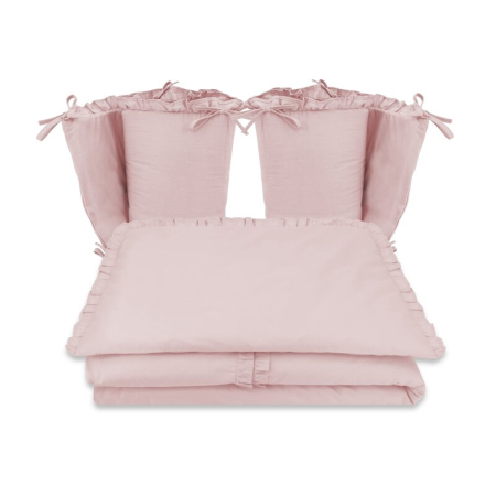 Lenjerii patut 120 x 60 cm - Lenjerie patut cu 4 piese, MimiNu, pentru patut 120x60 cm, cu doua protectii laterale, cu volanase, din bumbac, Colectia Royal, Powder Pink