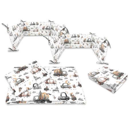 Lenjerii patut 120 x 60 cm - Lenjerie patut cu 5 piese, MimiNu, cu cearceaf 120x60 cm, Pilota, Pernuta, 2 aparatori, din bumbac, Cars Grey