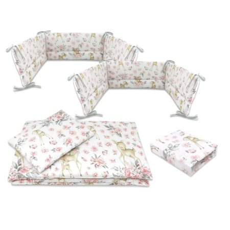 Lenjerii patut 120 x 60 cm - Lenjerie patut cu 5 piese, MimiNu, Cu cearceaf 120x60 cm, Pilota, Pernuta, 2 aparatori, Din bumbac certificat Oeko Tex Standard 100, Sweet Deer Pink