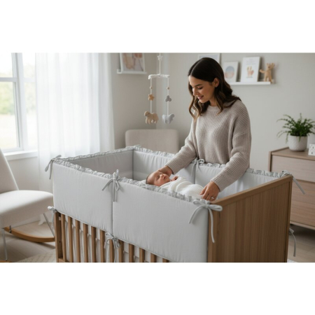 Lenjerie patut cu 5 piese, MimiNu, pentru patut 120x60 cm, cu volanase, cu pilota si perna, din bumbac, Colectia Royal, Grey [3]