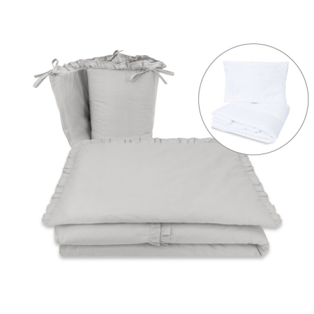 Lenjerii patut 120 x 60 cm - Lenjerie patut cu 5 piese, MimiNu, pentru patut 120x60 cm, cu volanase, cu pilota si perna, din bumbac, Colectia Royal, Grey