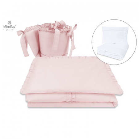 Lenjerii patut 120 x 60 cm - MimiNu - Set lenjerie patut 5 piese, cu volanase, cu pilota si perna, din bumbac, pentru patut 120x60 cm, Colectia Royal, Powder Pink