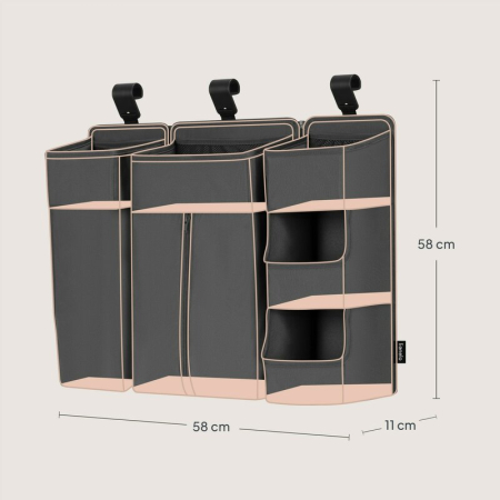 Organizator multifunctional, Lionelo, Sidepocket L, 58x11x58 cm, 3 parti independente cu multiple buzunare, Universal, Constructie ranforsata, Gri [18]