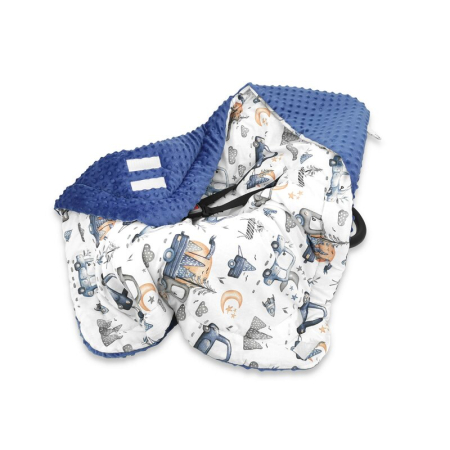 Carucioare copii - Paturica calduroasa, MimiNu, pentru scoica, scaun auto/carucior, cu gluga si urechi, Dimensiune 90x90 cm, din Minky + Bumbac, Cars Blue