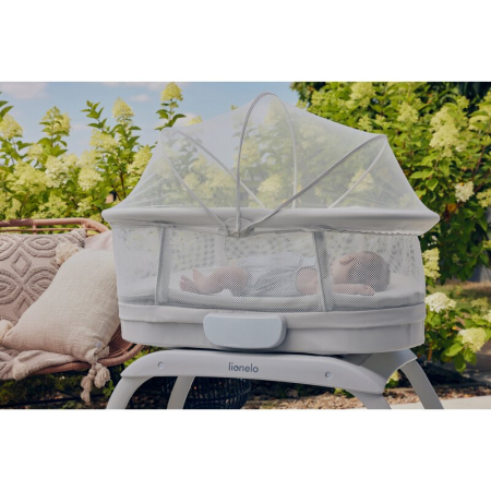 Patut balansoar, Lionelo, Coral, cu landou ergonomic detasabil, Functie de balansare integrata, Functie de cantar, Sunete si cantece de leagan, cu roti, Panou tactil sau telecomanda, 0-9 kg,  Alb [24]