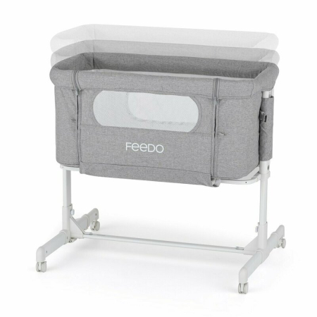 Patut co-sleeper 2 in 1, Feedo, Pliabil, Reglabil in 5 pozitii, Cu laterala detasabila, Cu roti, Greutate maxima suportata 9 kg, 0-5 luni, Gri [1]