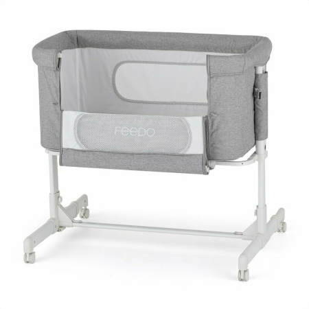 Camera copilului - Patut co-sleeper 2 in 1, Feedo, Pliabil, Reglabil in 5 pozitii, Cu laterala detasabila, Cu roti, Greutate maxima suportata 9 kg, 0-5 luni, Gri