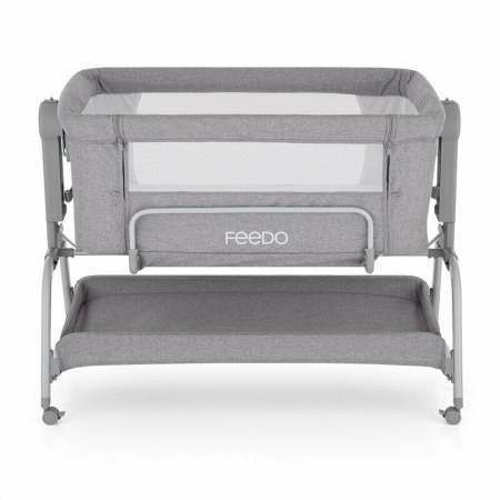 Camera copilului - Patut co-sleeper, Feedo, Cu sistem de leganare, Inaltime adjustabila pana la 57-69 cm, sustine pana la 9 kg, 0 luni+ Gri
