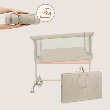 Patut co-sleeper, Lionelo, Pari, Multifunctional, Cu leganare, Reglabil in 6 pozitii pe inaltime, Saltea cu densitate T25, Geanta transport, 84x48x70-80 cm, Bej [23]