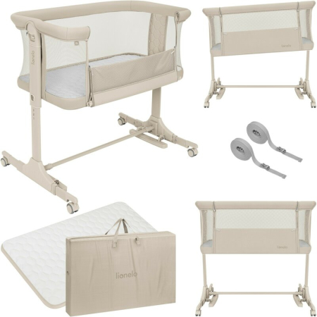 Patut co-sleeper, Lionelo, Pari, Multifunctional, Cu leganare, Reglabil in 6 pozitii pe inaltime, Saltea cu densitate T25, Geanta transport, 84x48x70-80 cm, Bej [2]