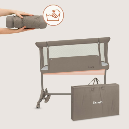 Patut co-sleeper, Lionelo, Pari, Multifunctional, Cu leganare, Reglabil in 6 pozitii pe inaltime, Saltea cu densitate T25, Geanta transport, 84x48x70-80 cm, Taupe [23]