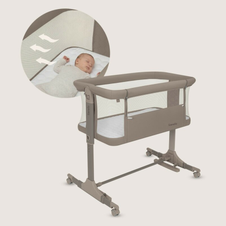 Patut co-sleeper, Lionelo, Pari, Multifunctional, Cu leganare, Reglabil in 6 pozitii pe inaltime, Saltea cu densitate T25, Geanta transport, 84x48x70-80 cm, Taupe [21]
