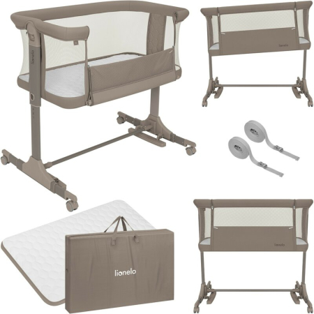 Patut co-sleeper, Lionelo, Pari, Multifunctional, Cu leganare, Reglabil in 6 pozitii pe inaltime, Saltea cu densitate T25, Geanta transport, 84x48x70-80 cm, Taupe [2]
