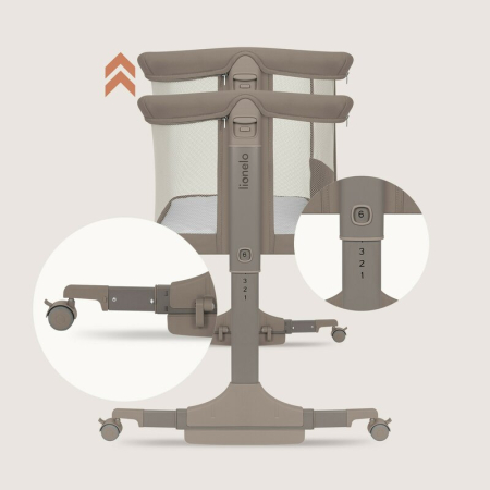 Patut co-sleeper, Lionelo, Pari, Multifunctional, Cu leganare, Reglabil in 6 pozitii pe inaltime, Saltea cu densitate T25, Geanta transport, 84x48x70-80 cm, Taupe [22]