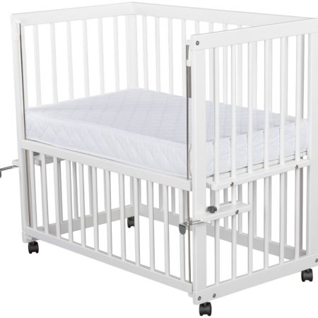 Patut co-sleeper, Qmini, Dalia, Multifunctional, 90x50 cm, Din lemn de pin, Reglabil pe orice treapta de inaltime la patul parintilor, Sistem de ancorare si roti cu frana incluse, Alb + Saltea 8 cm [2]