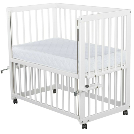 Patuturi lemn pana la 120 x 60 cm - Patut co-sleeper, Qmini, Dalia, Multifunctional, 90x50 cm, Din lemn de pin, Reglabil pe orice treapta de inaltime la patul parintilor, Sistem de ancorare si roti cu frana incluse, Alb