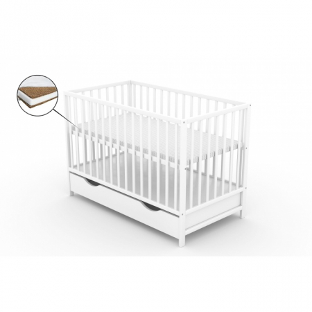 Patuturi lemn pana la 120 x 60 cm - Patut cu sertar VESSANTI CLASICO - Alb + Saltea Cocos 12 cm