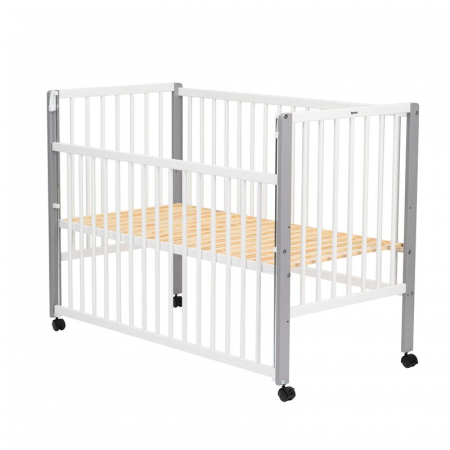 Patut din lemn bebe 120x60 cm cu laterala culisanta din lemn de pin si mdf Alb Qmini Maya [1]