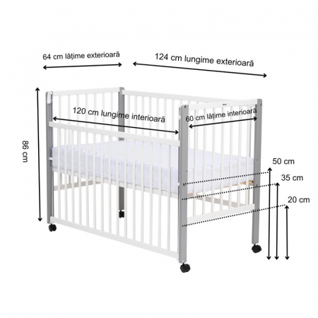 Patut din lemn bebe 120x60 cm cu laterala culisanta din lemn de pin si mdf Alb Qmini Maya [5]