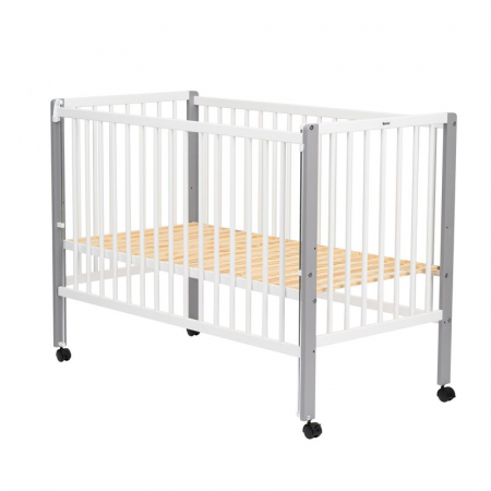 Patut din lemn bebe 120x60 cm cu laterala culisanta din lemn de pin si mdf Alb Qmini Maya [10]