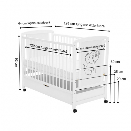 Patut din lemn bebe 120x60 cm cu sertar din lemn de pin si mdf Alb Qmini Timmi Elephant [3]
