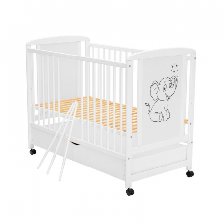 Patut din lemn bebe 120x60 cm cu sertar din lemn de pin si mdf Alb Qmini Timmi Elephant [6]