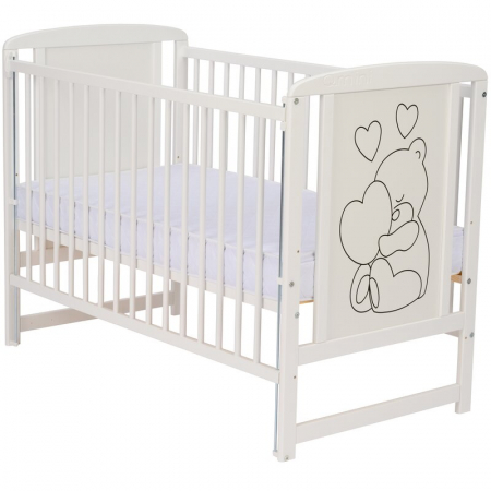 Patut din lemn Timmi Heart 120x60 cm, cu laterala culisanta, cu roti, din lemn de pin, MDF, Somiera reglabila, Alb - Qmini [7]