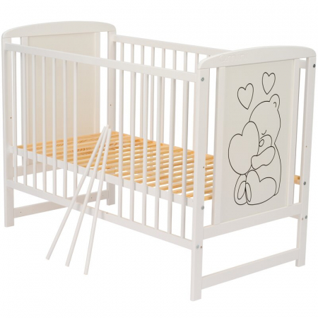 Patut din lemn Timmi Heart 120x60 cm, cu roti, din lemn de pin, MDF, Somiera reglabila, Alb - Qmini [10]