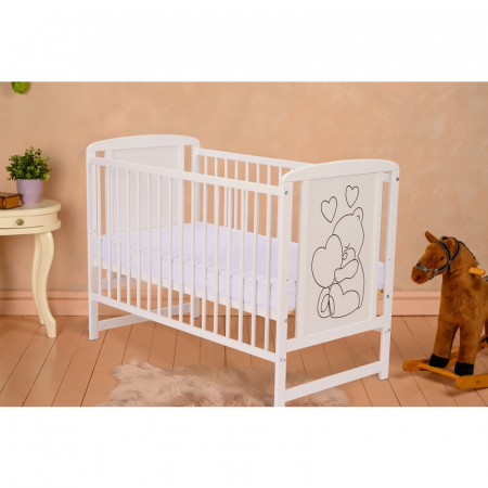 Patut din lemn Timmi Heart 120x60 cm, cu roti, din lemn de pin, MDF, Somiera reglabila, Alb - Qmini [4]